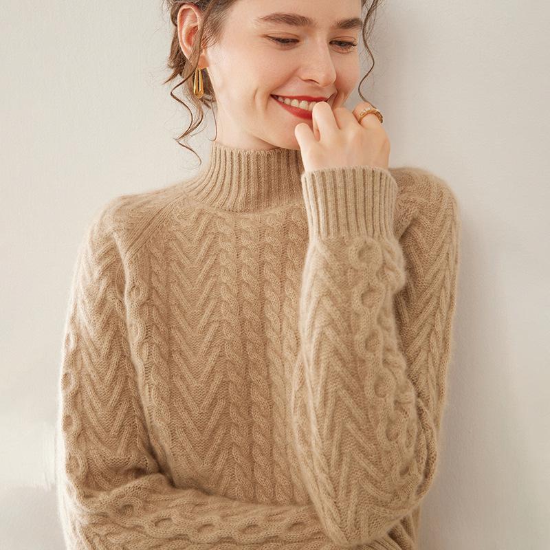 Women's Heavyweight Cashmere Sweater: Autumn-Winter Half-Neck Cable Knit Slim Pullover