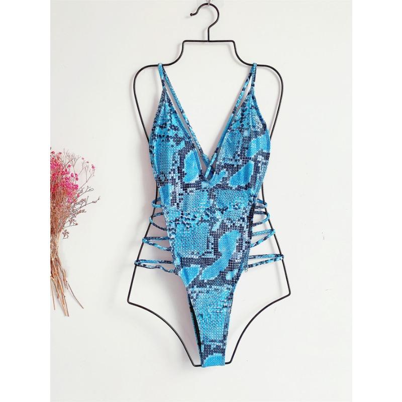 Women Backless Snakeskin Print One Piece Swimsuit Beach Swimming Wear