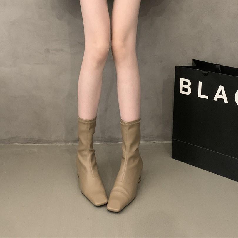 Thick heel square toe black boots women's shoes 2025 new fall and winter fleece brown skinny boots Korean small ankle boots