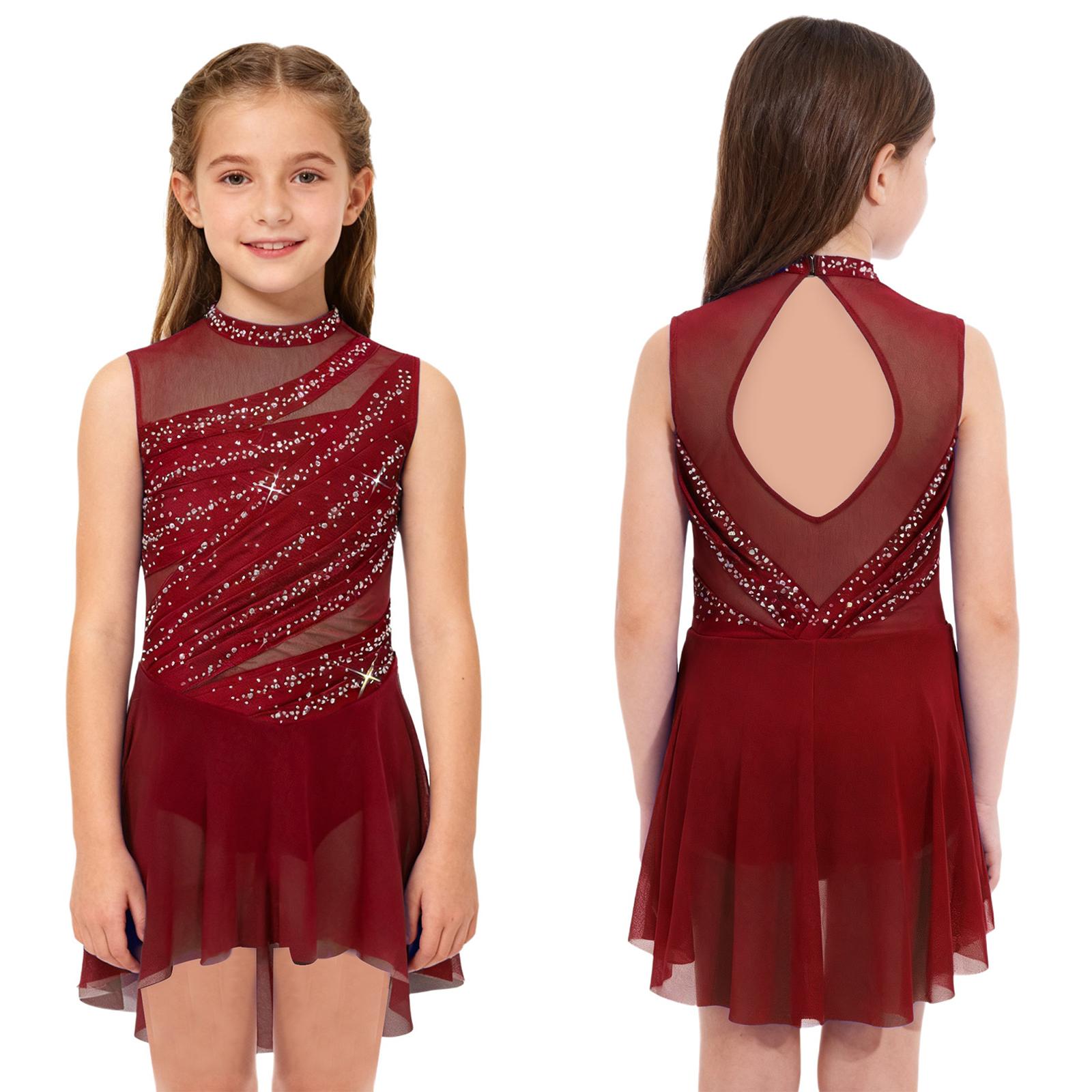 

Shiny Rhinestone Dance Dress for Girls, Sleeveless Cutout Back Sheer Mesh Patchwork High-Low Hem Lyrical Performance Costume 5-6 Years бордовий