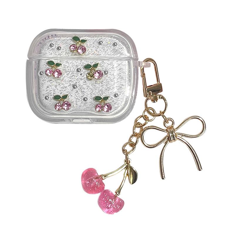 Silver Bead Glitter Powder Small Fresh Cherry Bluetooth Headset Case Is Suitable For Apple Airpodspro3 Japanese Women'S Models