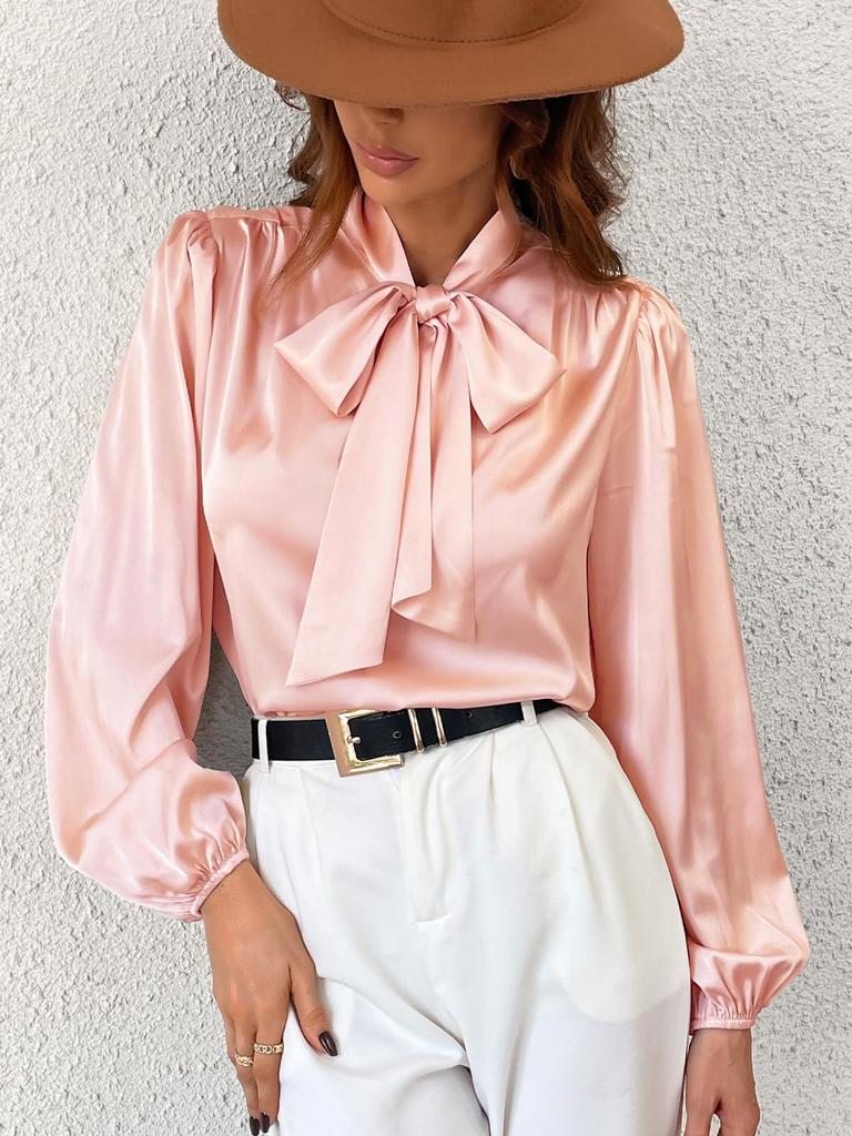 Women's Long Sleeve Satin High Neck Bow Top