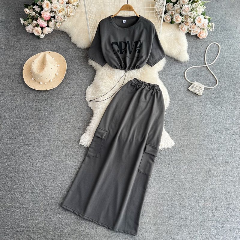 

K-style Stand Collar Drawstring Split Skirt Fashion Suit Dark gray One size