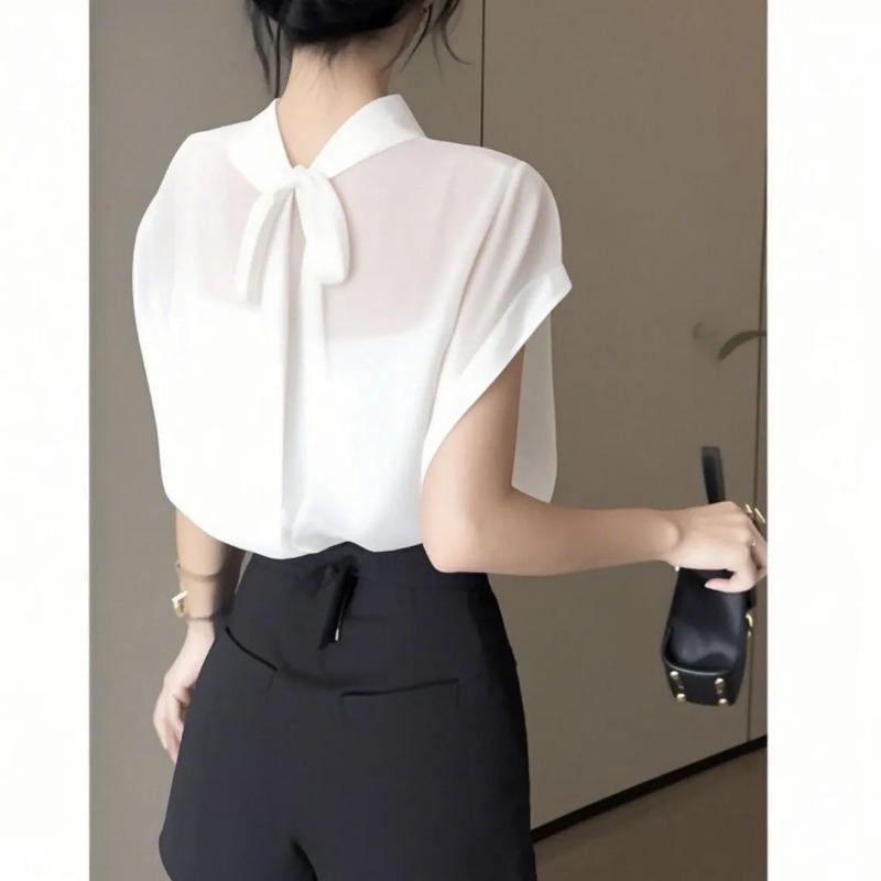 Women Elegant Black Bow Tie Blouse Sheer Yoke Short Sleeve Top S белый