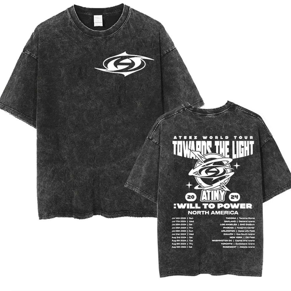 Ateez 2025 World Tour in Your Fantasy Tour Cherry Vintage Washed T Shirt Korean Kpop Fashion T-shirt Men's Women Cotton T-shirts
