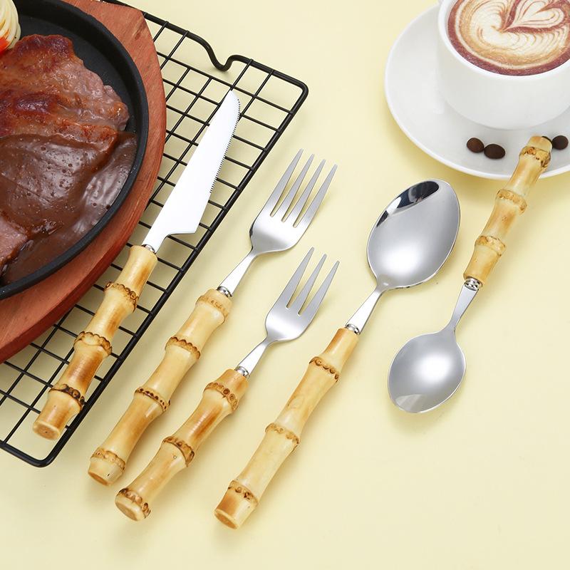 304 Stainless Steel Dinner Knife, Fork, Dessert Spoon, Natural Bamboo Handle Dinnerware Sets, Western Style Steak Cutlery Set