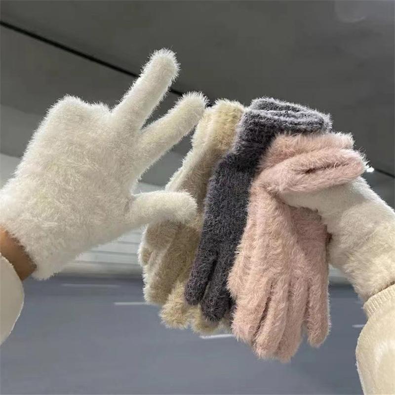 Winter Imitation Mink Velvet Five Finger Gloves Warm Cold-Proof Gloves Women Outdoors Cycling Solid Color Mittens
