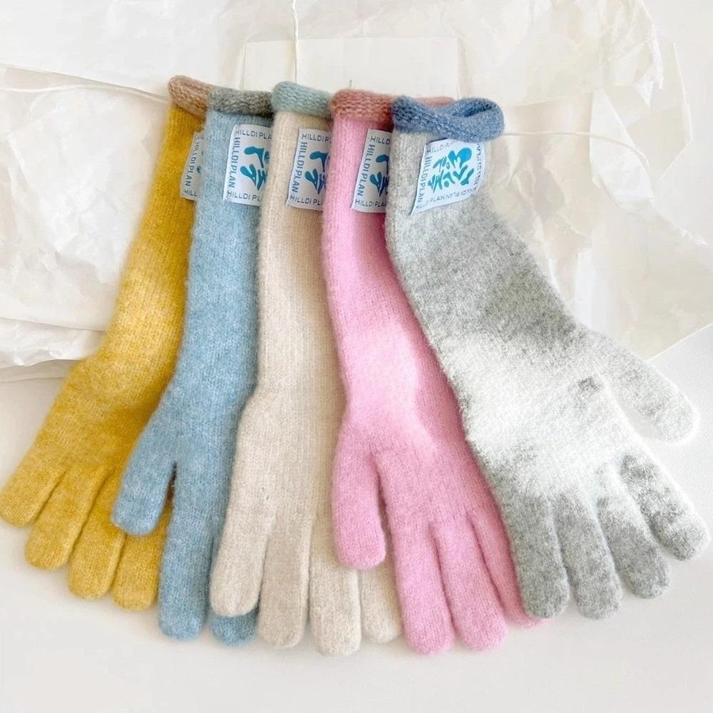 Trendy Mid-Length Warm Gloves Dopamine Colors Color-Blocking Knitted Gloves Curly Design Comfortable Five-Finger Gloves Women