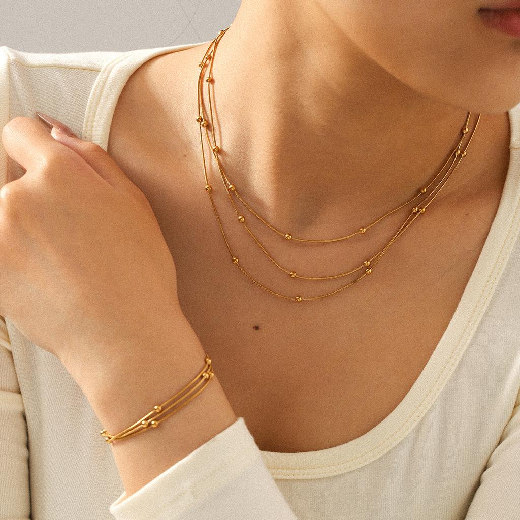 Euro-American style three-layer titanium steel necklace accessory for women, light luxury beaded chain
