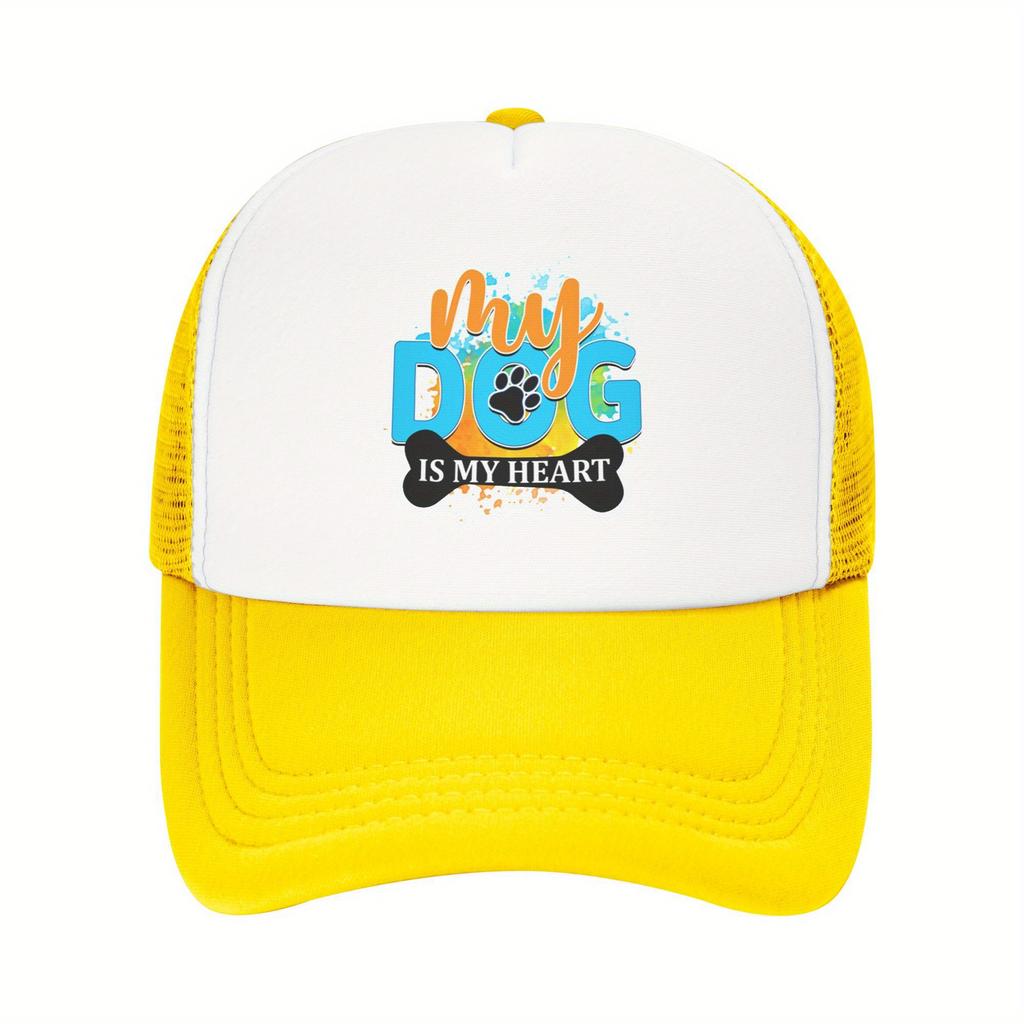 My Dog Is My Heart Paw Print Graphic Trucker Hat Polyester Breathable Casual Baseball Cap for Adults