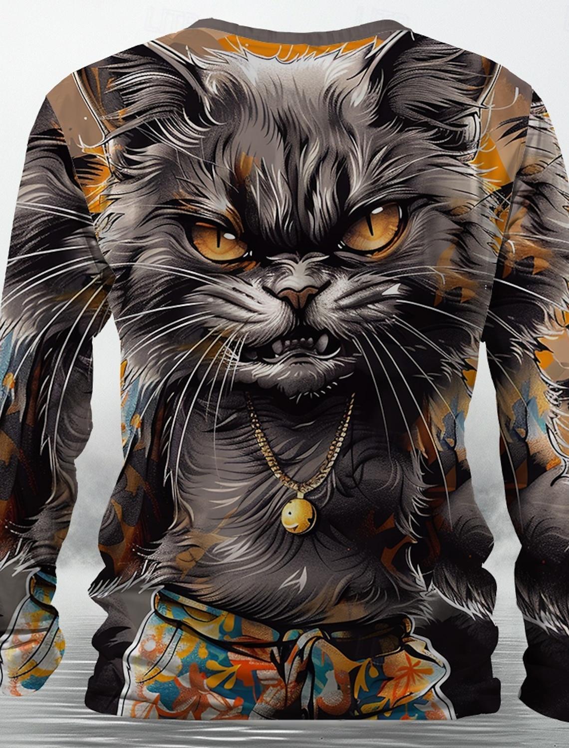 

3D-принт с рисунком котенка на Хэллоуин, 3D-принт с осенним принтом, мужская футболка с круглым вырезом, повседневная, с длинным рукавом, свободный пуловер, модные топы 6XL