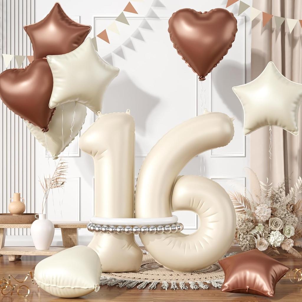 13 Pcs40inch Digital Love Pentagram Aluminum Film Balloon Set 10~21 Years Old Number Cream White Number for Birthday Party Decor