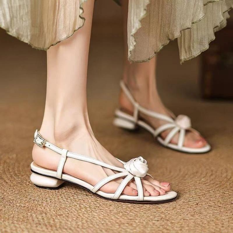 New Women's Natural Suede Leather Narrow Band Flower Decoration Kitten Heel Sandals Elegant Ladies Summer Dress Pumps Shoes Sale