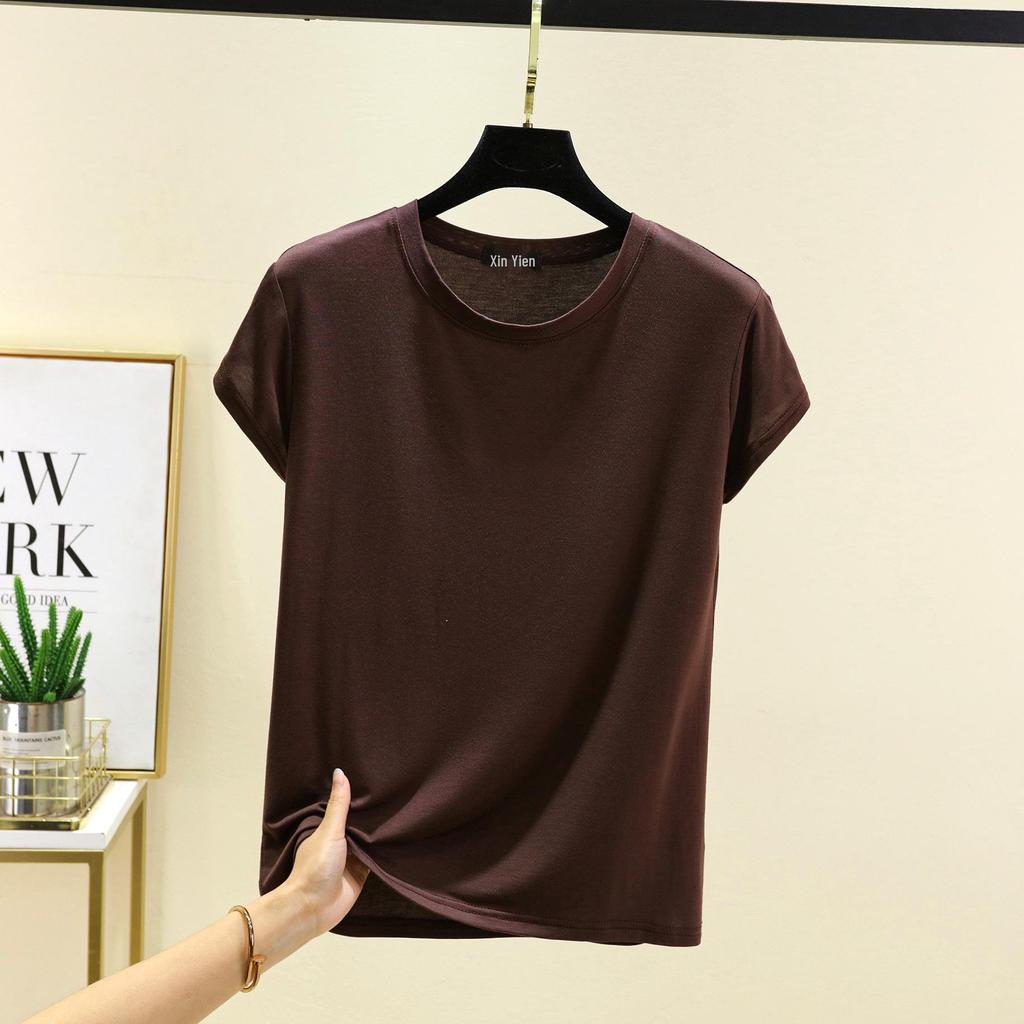 Damski bawełniany T-shirt z krótkim rękawem w jednolitym kolorze – Casualowy luźny krój, prosty letni styl