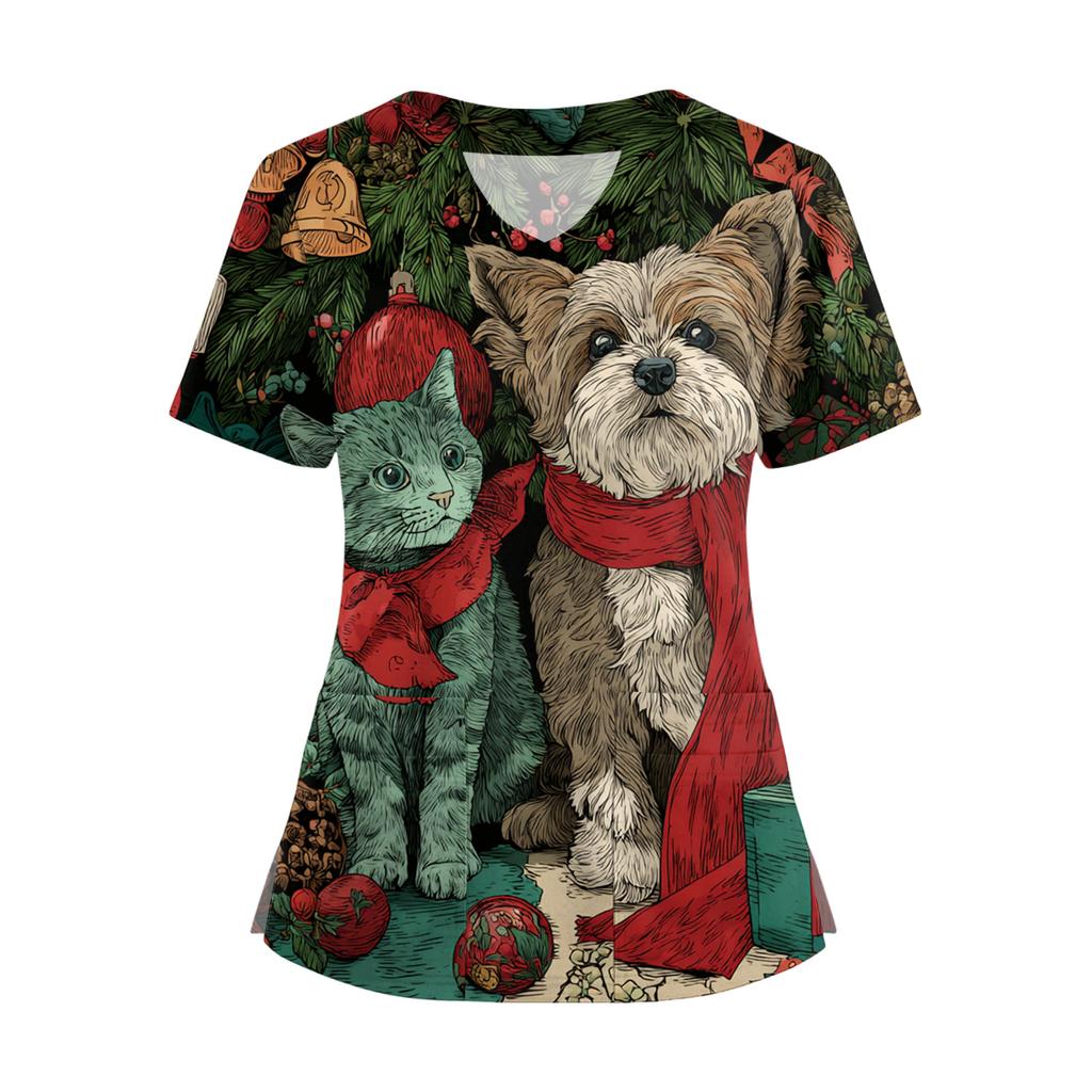 Damski T-shirt z krótkim rękawem z nadrukiem świątecznym, dekoltem w serek, zapinany na guziki z rozcięciem z boku