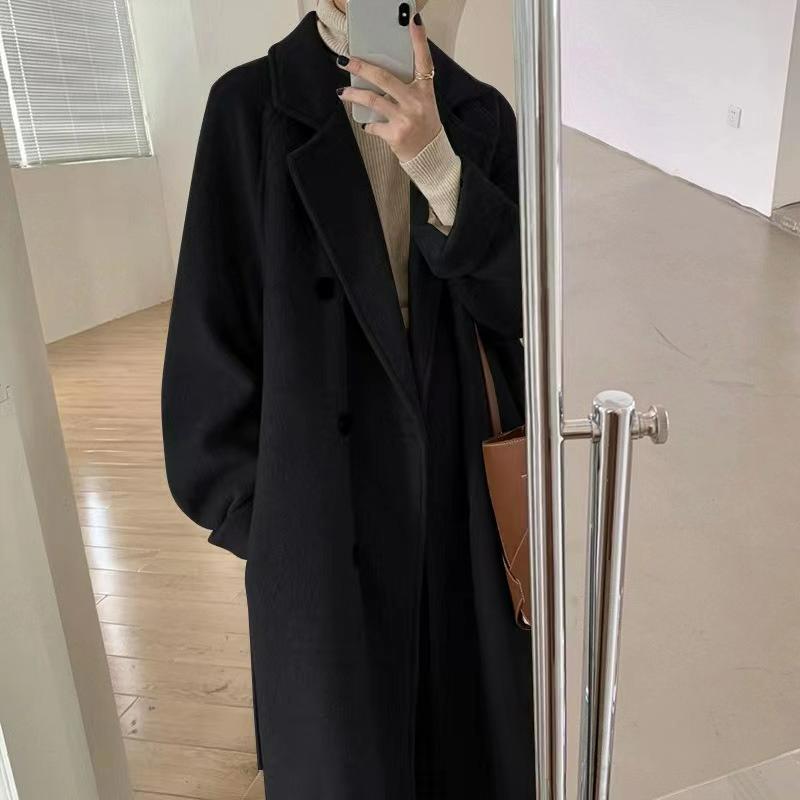 

Woolen Coat Women s Mid-length Autumn and Winter Hepburn Style Temperament Small Loose Thick Woolen Coat S чорний