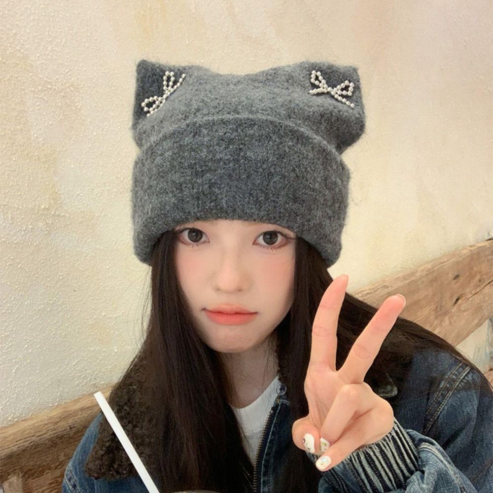 Bow Knitted Pullover Hat Fluffy Winter Wool Hat Keep Warm Cat Ears Beanie Hat  Girls