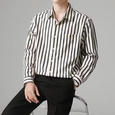 Herren Gestreiftes Langarmhemd Japanischer Stil Lässig Frühling Herbst Neu Trendig Vielseitiges Hemd