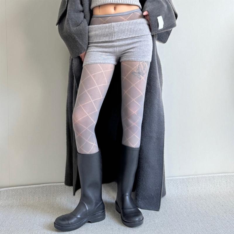 Women Girls Japanese Style Hollowed Out Mesh Tights Stockings Elegant Plaids Jacquard Pattern Fishnet Pantyhose Hosiery