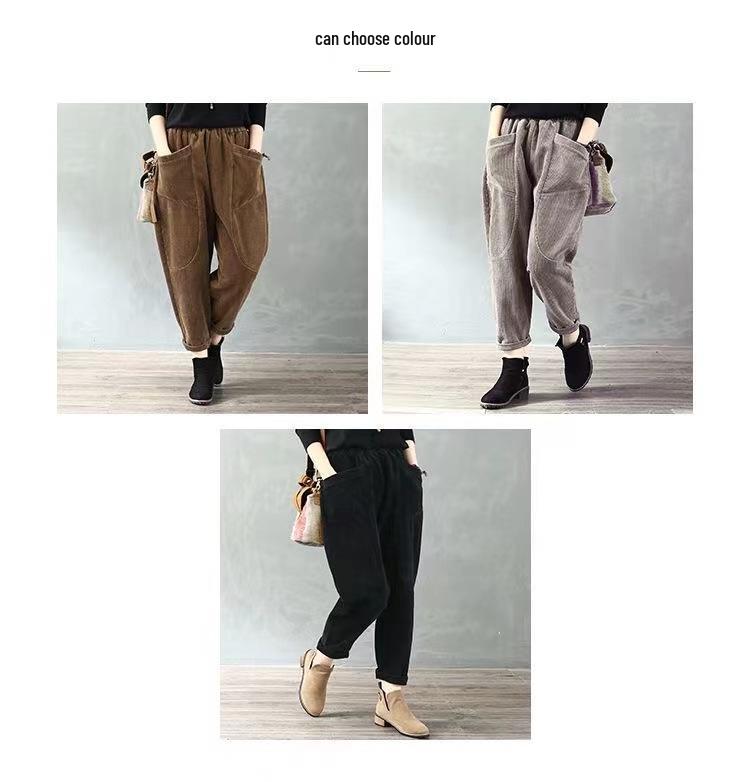 Women's Fleece-Lined Corduroy Harem Pants - Elastic Waist, Plus Size, Casual Carrot Shaped, Perfect for Autumn and Winter