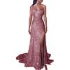 Vestido de Noite Longo Sexy Feminino com Gola Halter e Uma Alça, com Folha Dourada, Fenda Sem Mangas, Cintura com Lantejoulas e Cauda para Banquete - Vestido de Madrinha