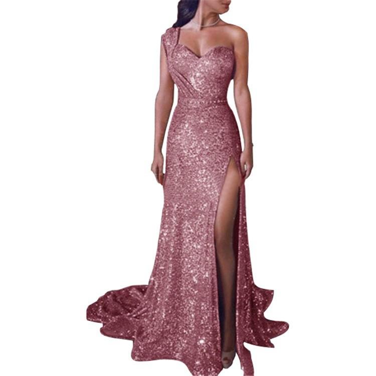 Vestido de Noite Longo Sexy Feminino com Gola Halter e Uma Alça, com Folha Dourada, Fenda Sem Mangas, Cintura com Lantejoulas e Cauda para Banquete - Vestido de Madrinha