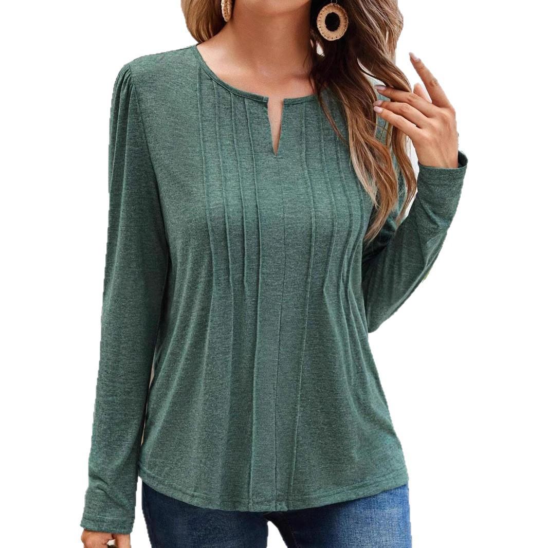 

Women s New Casual Loose Small V Round Neck Solid Color Long-sleeved T-shirt Top S