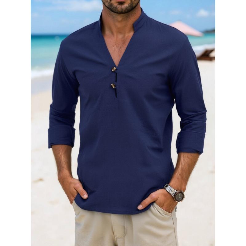 Spring Summer Men s Black Linen Blend Stand Collar Half Button Long Sleeve Casual Shirt S темно-синий