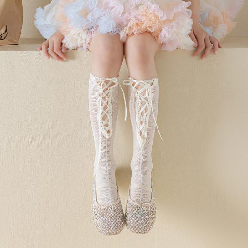 Girls Spring and Summer Lace Calf Socks Lolita Lace-up Bow Pink Girl Baby Pile Socks
