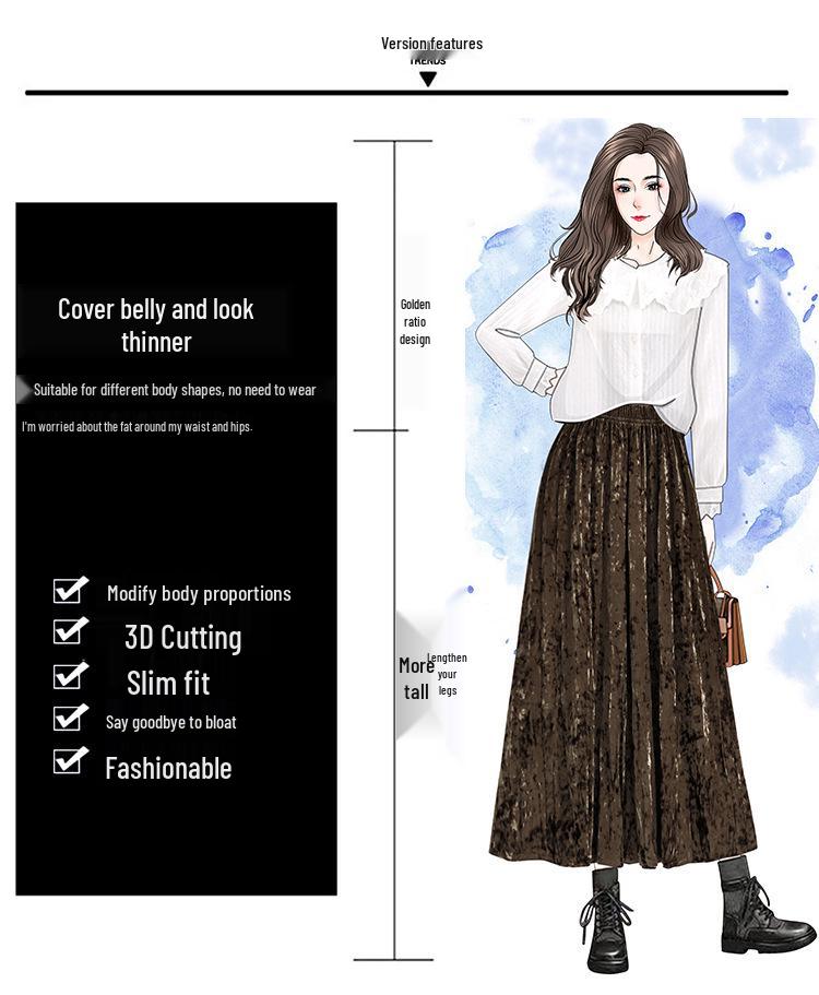 Pleated Velvet A-Line Skirt: Women's Versatile Mid-Length High-Waisted Slimming Style for Autumn and Winter