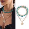 Boho Layered Turquoise Necklace Pearl Beaded Paperclip Metal Chain Necklace Circle Choker Necklace Jewelry for Women Girls