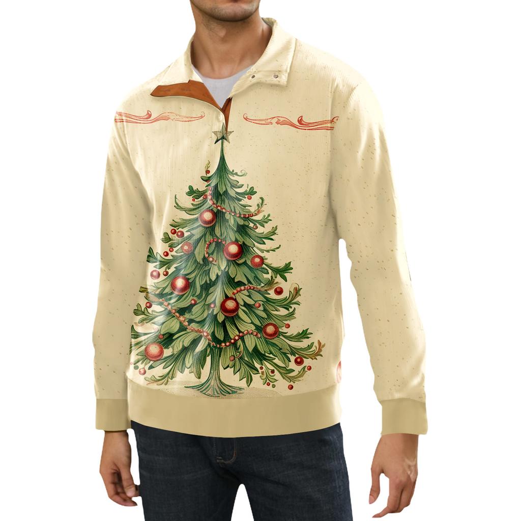 Christmas Print 3-button - Men's Stand Up Collar Sweatshirt, Outdoor Casual Hoodie With Buckle
