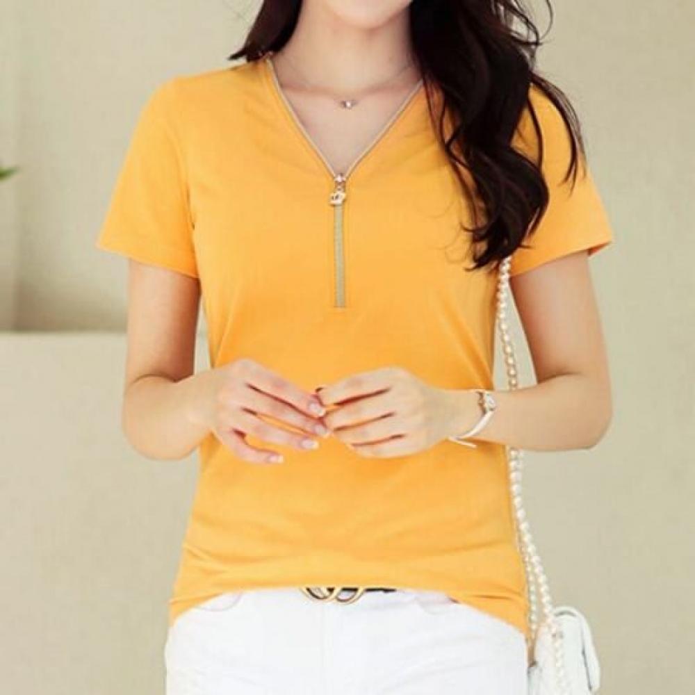 NaVaVa NT2346 Simple Zip PoinT V Neck ShorT sleeVe T shirT