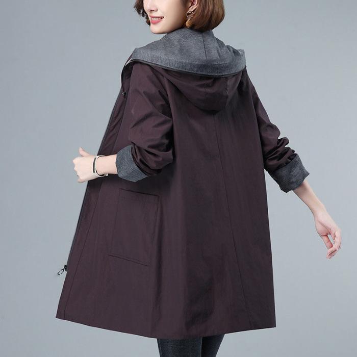 Spring Autumn Plus Size Women's Coat Loose Office Lady Hooded Comfortable Long Sleeves Mid Length Female Coat
