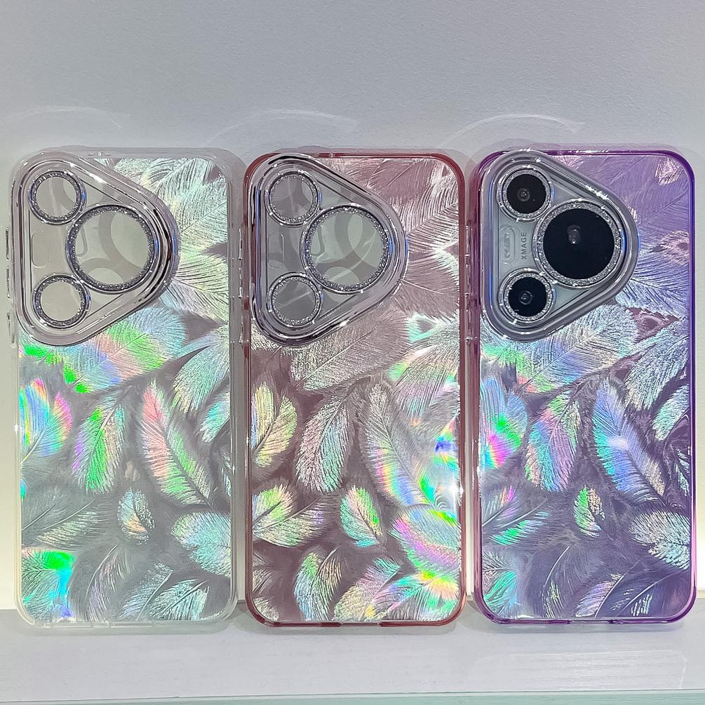 Plating Colorful Shiny Feather Phone Case For Huawei Pura 70 Ultra Pura 70 Pro Pura70 + Mate 60 Pro Mate60 Camera Protect Cover