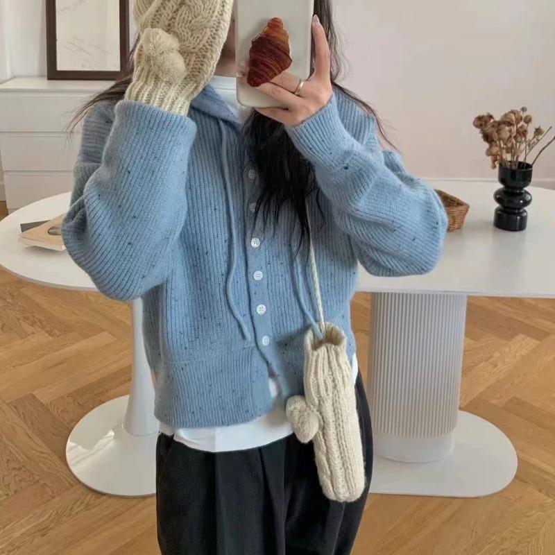 Autumn Winter Hooded Sweater Jacket Short Hooded Single Breasted Knitted Cardigan for Women