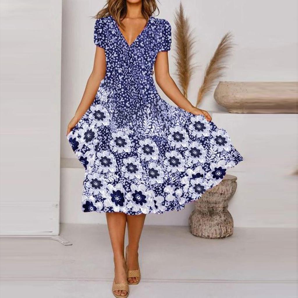 Women's Fashion Summer New Floral Print V-Neck Short Sleeve Loose Casual Dress