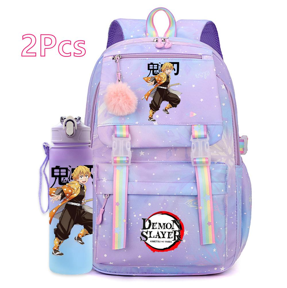 2Pcs/set Cartoon Demon Slayer Printed Backpack with 750Ml Water Bottler for Teenager Girl Boy Large Capacity Waterproof Bookbag Travel Bag Gift