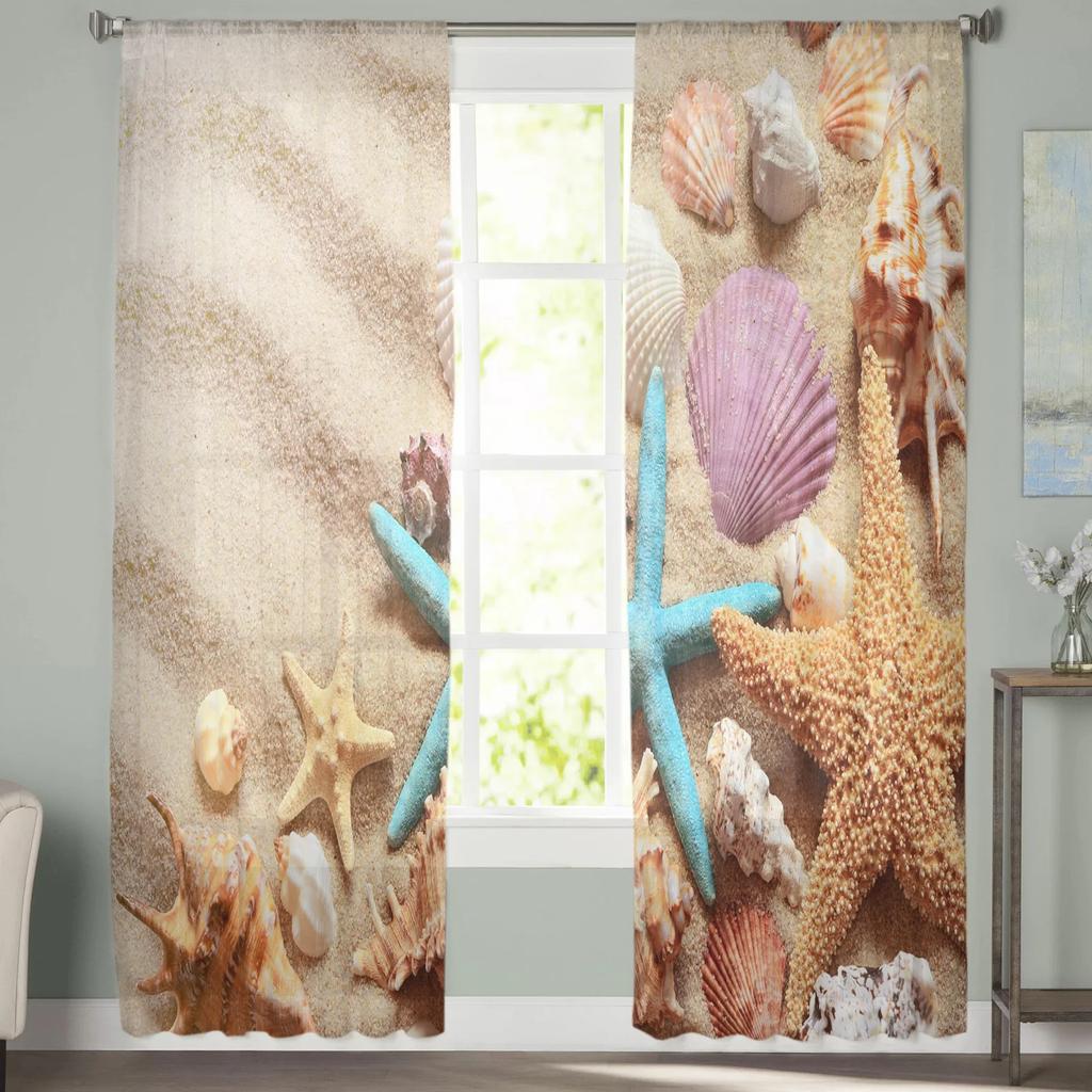 Beach Seashell Starfish Conch Curtain Living Room Bedroom Voile Drape Kitchen Window Tulle Curtains Home Essentials Sheer Polyester Great Decor