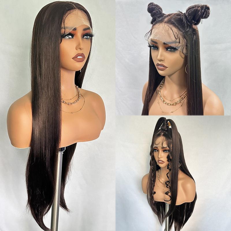 Long Straight Synthetic Lace Wig 32In Middle Part Wigs with Pre Plucked Baby Hair Brown Color Heat Resistant Fiber for Women