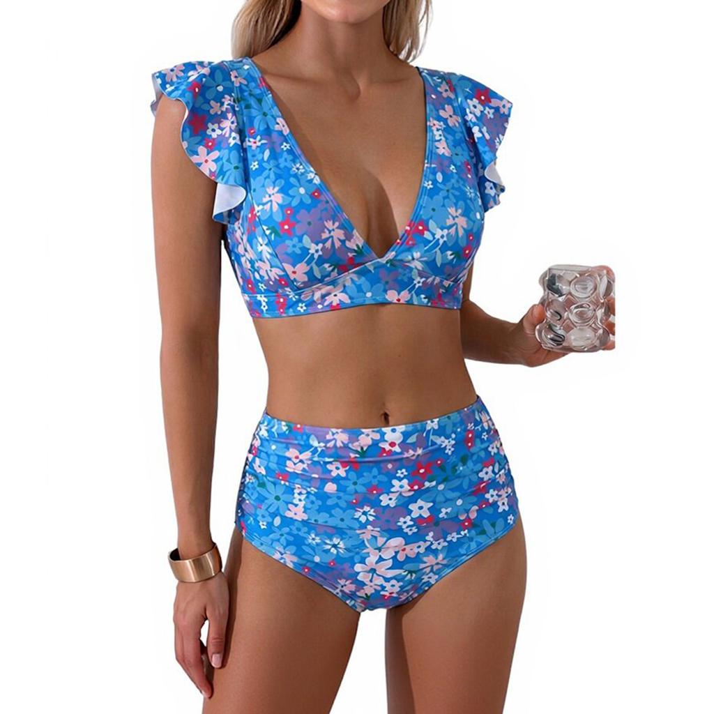 Women’s Two Piece High Waist Ruffle Bikini Set V Neck Swimsuit with Sleeves and Sporty Swimwear Design