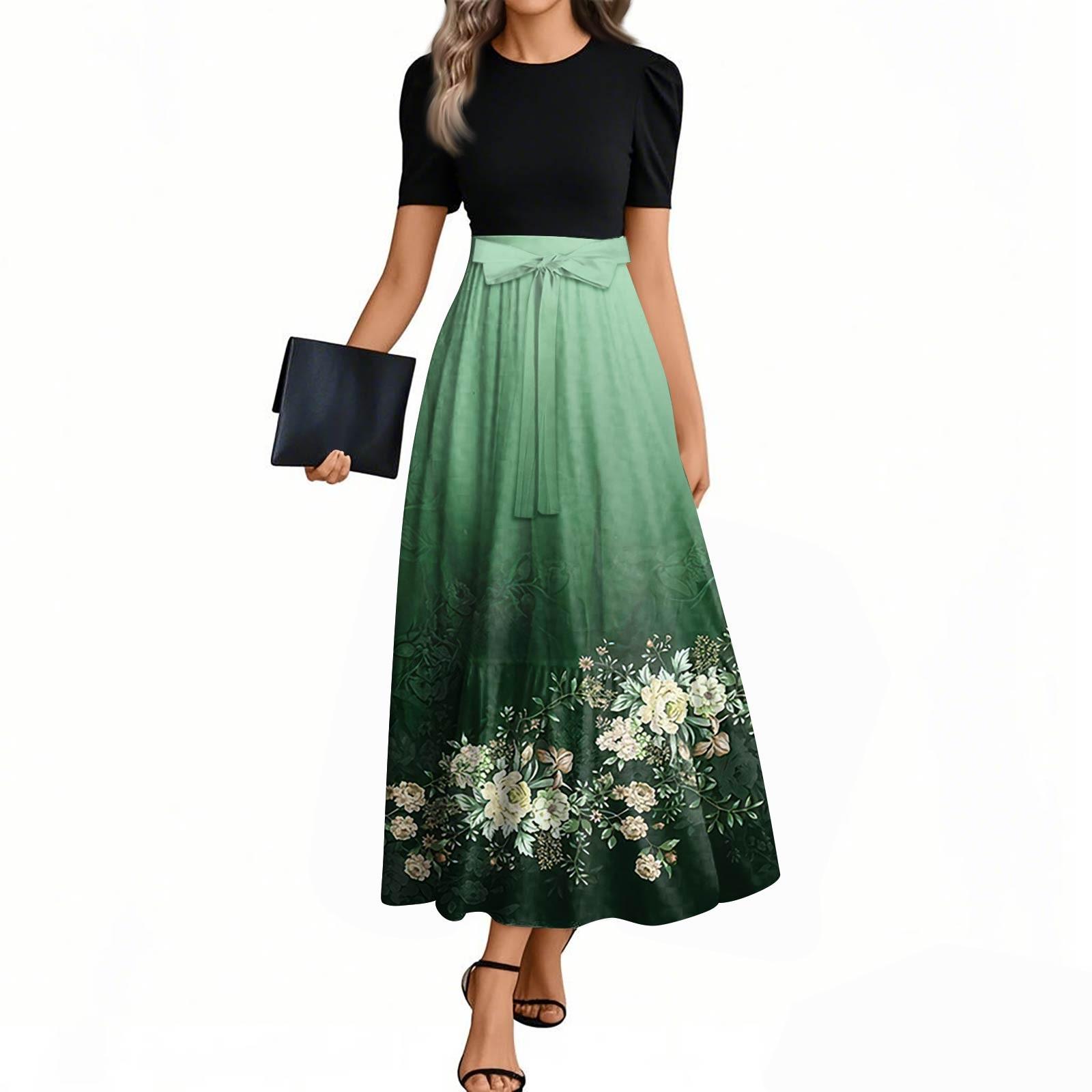 

Женская мода повседневная пояс с коротким рукавом круглый вырез винтажные цветочные сращивания элегантные темпераментные платья XXL зелёный