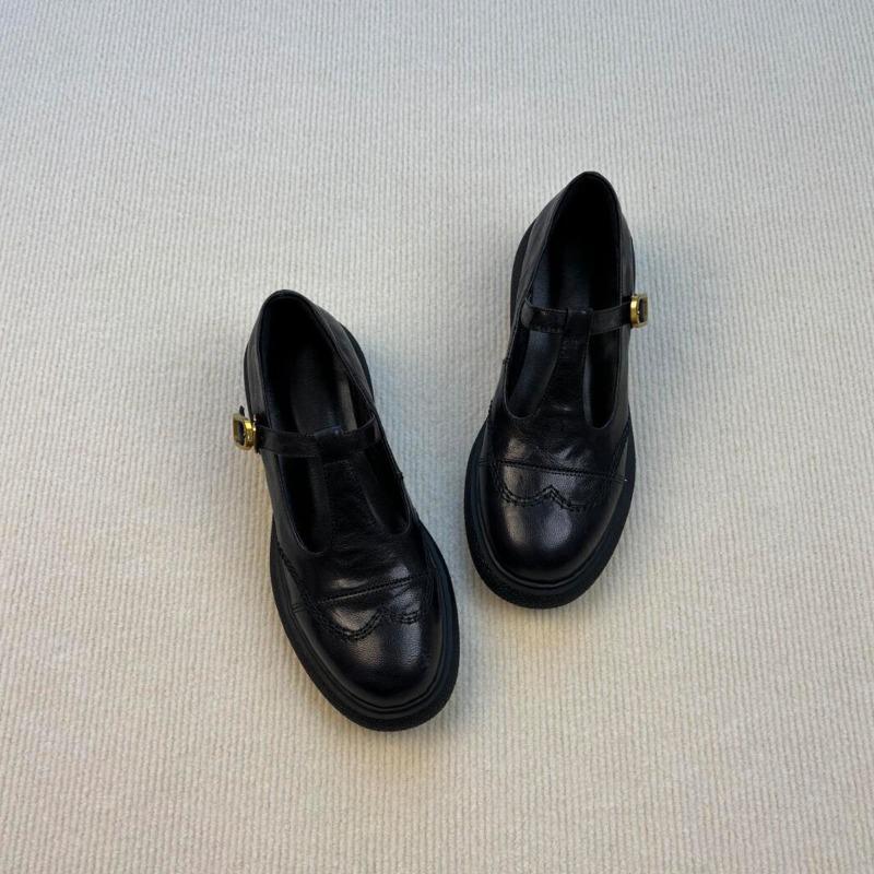 Sheepskin version~ Retro commuter Mary Jane female hollow T-button small leather shoes thick heel thick sole round head single shoes