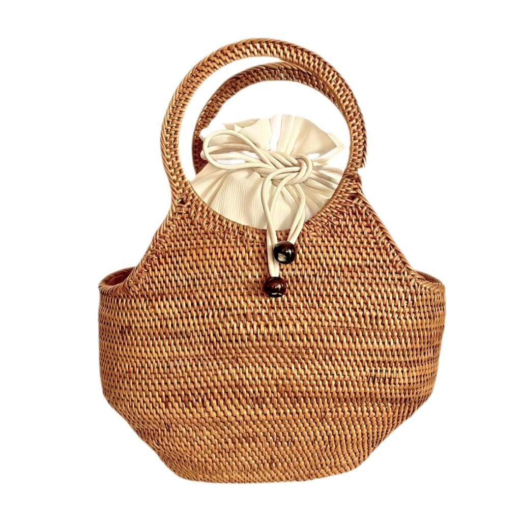 Ata Stylish Drawstring Basket Kimono Bag for Adult Yukata [Namatsuan] Bag, Cotton-Linen Bag, Women, (Off White)