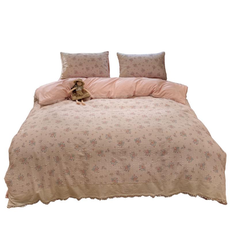French-Inspired Floral Cotton Puff Lace Trim Bedding Set, 4-Piece Sheet and 3-Piece Duvet Cover
