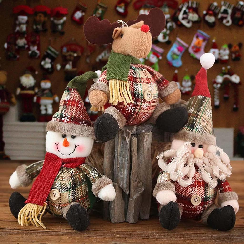 Plaid Button Christmas Snowman & Reindeer Plush Ornament