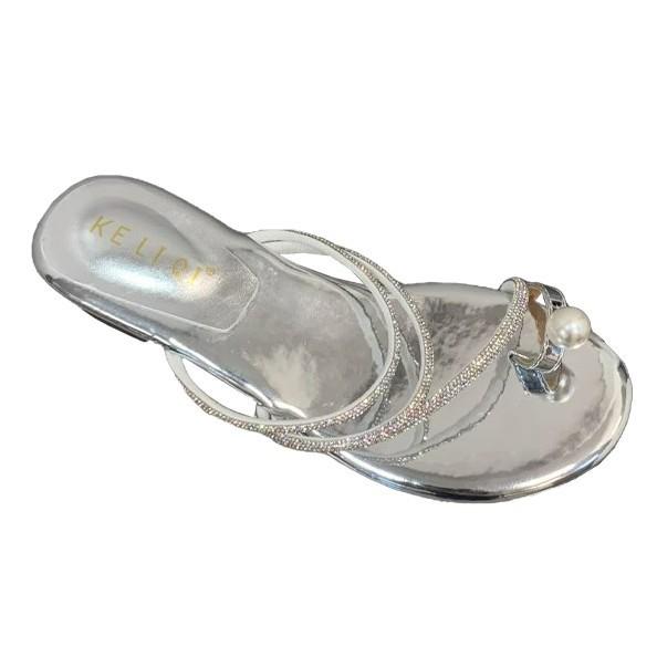 French wedge heel silver toe slippers summer pearl outer wear temperament beautiful rhinestone women's pinch sandals sandals
