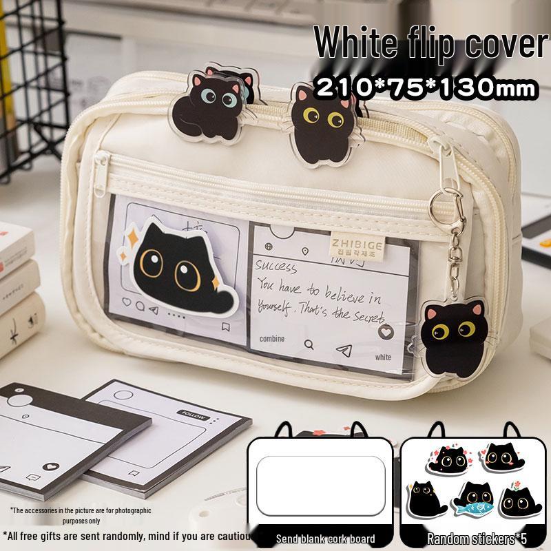 2025 New Little Black Cat Transparent Pencil Case for Girls - Trendy Stationery Box for Elementary, Middle, and High School Students
