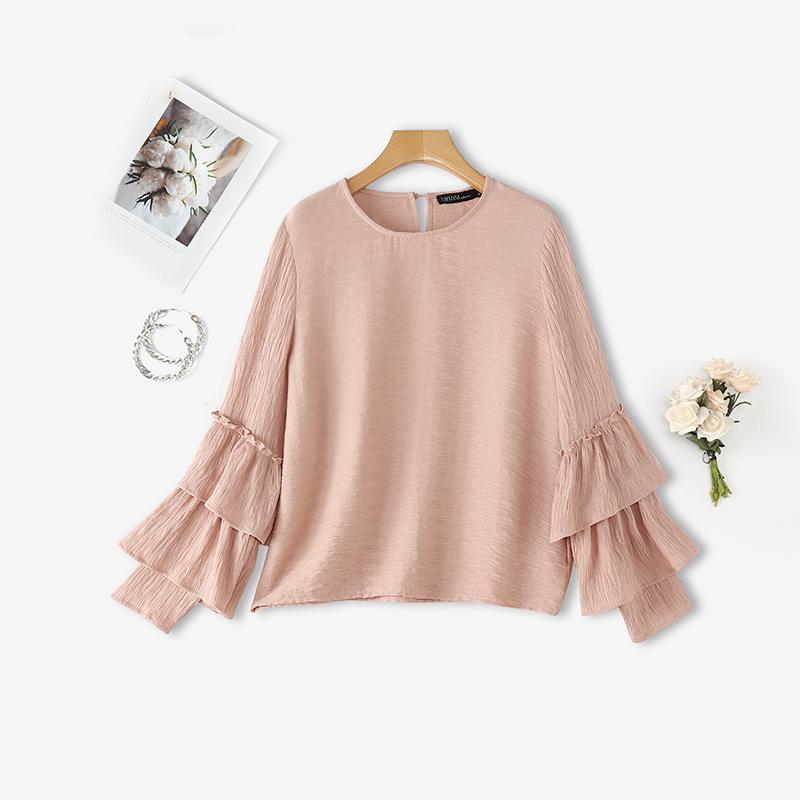 ZANZEA Women Casual Round Neck Ruffles Long Sleeve Loose Blouse S