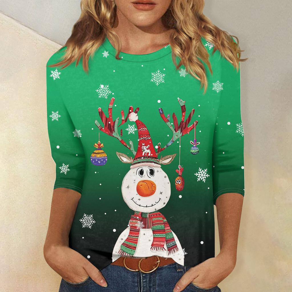 3/4-Ärmel-Shirts für Damen Druck Weihnachts-T-Shirts Blusen Lässig Übergröße Basic-Oberteile Pullover